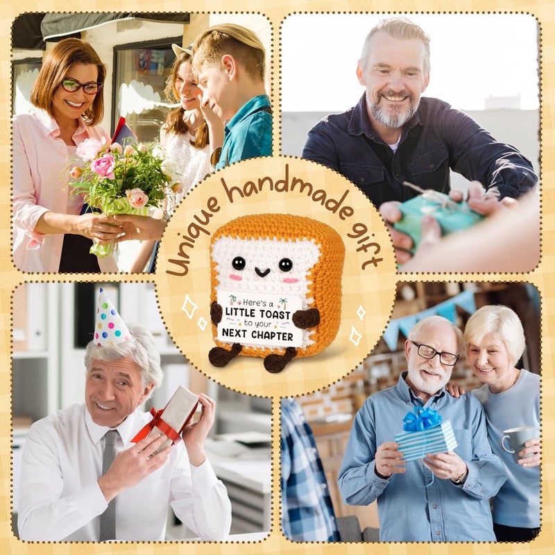 Glydein Funny Retirement Gifts for Women Men - Mini Positive Handmade Crochet Toast with Retirement Card“Next Chapter”, Cute Retired Present Desk Decor Keepsake for Coworker Teacher Boss Mom Dad - Image 2